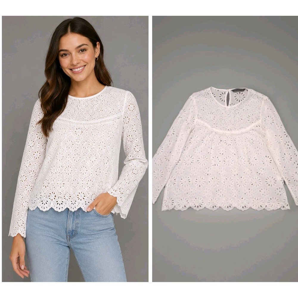 Zara Woman Cutout Embroidered Eyelet Boho Blouse Size Large White Long Sleeves